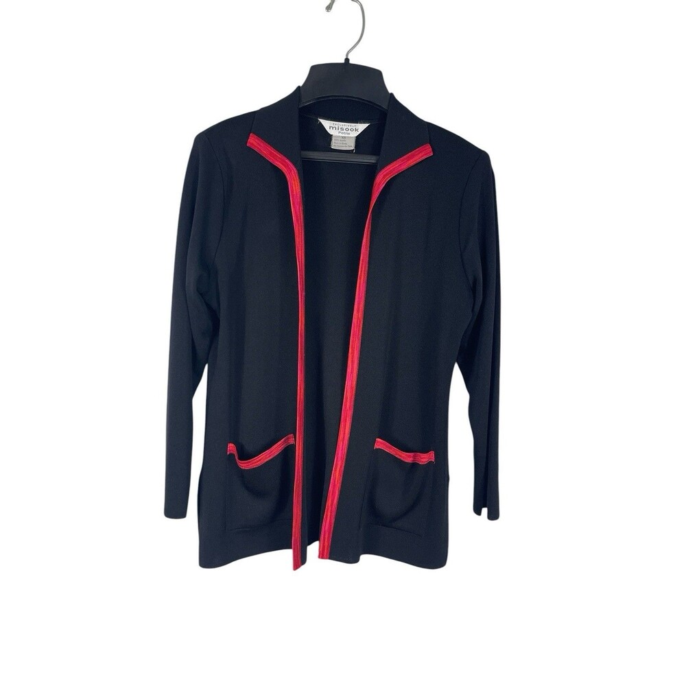 Exclusively Misook Open Front Black Red Trim Cardigan Sweater XS Office Timeless